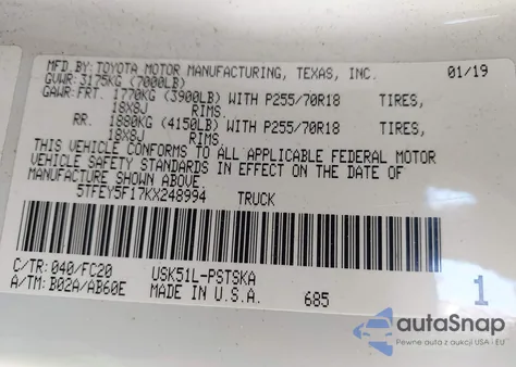 2019 Toyota Tundra Sr5 5.7L V8 from USA, damaged, VIN 5TFEY5F17KX248994